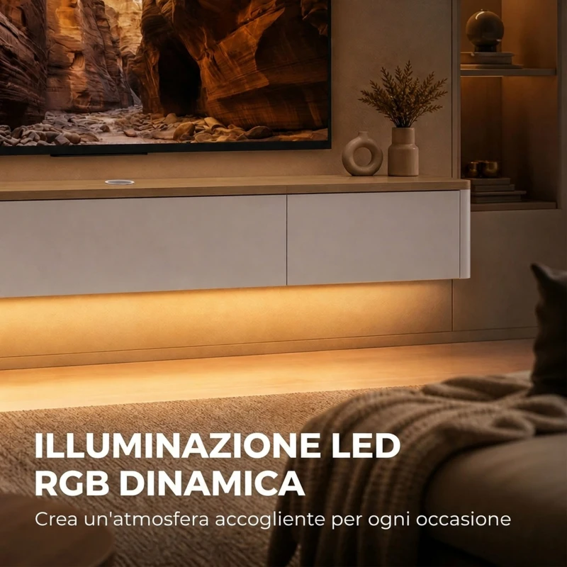 HOMCOM Mobile TV Sospeso Fino a 65" con 2 Cassetti, Armadietto, Luci LED RGB, Prese di Corrente, Bianco e Color Legno
