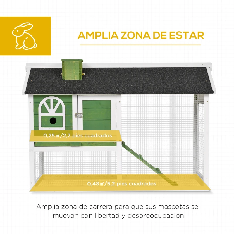PawHut Jaula para Conejos Grande 120x60x79 cm con Techo Asfáltico Bandeja Extraíble Escalera y Chimenea para Exterior Verde