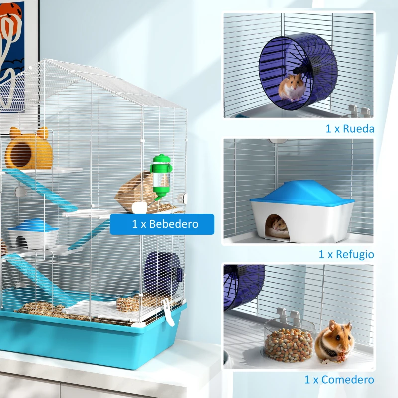 PawHut Jaula para Hámster de 5 Niveles con Plataformas Cuenco Bebedero Casita Rampas y Rueda de Ejercicio 58x36x81cm Azul Claro