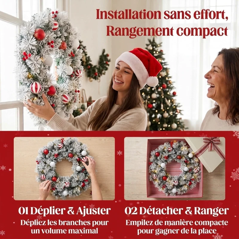 HOMCOM Couronne de Noël Lumineuse 60 cm Enneigée Floquée avec 50 LED, 15 Boules Décoratives, 140 Branches, 8 Modes, Vert