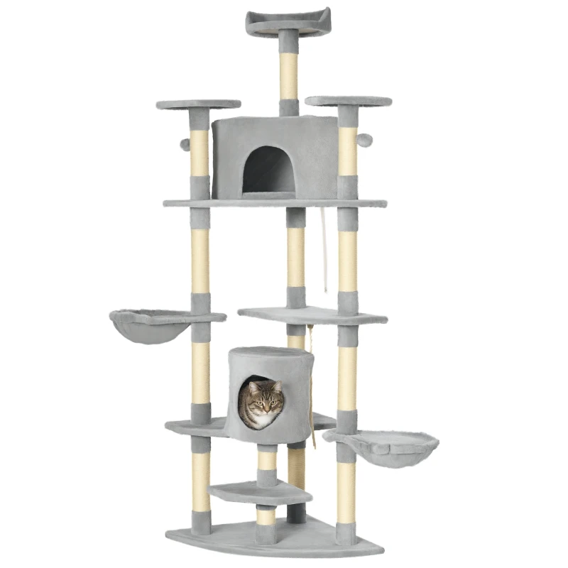 Pawhut 200H cm kattenboom met grotten en speelgoedballen lichtgrijs