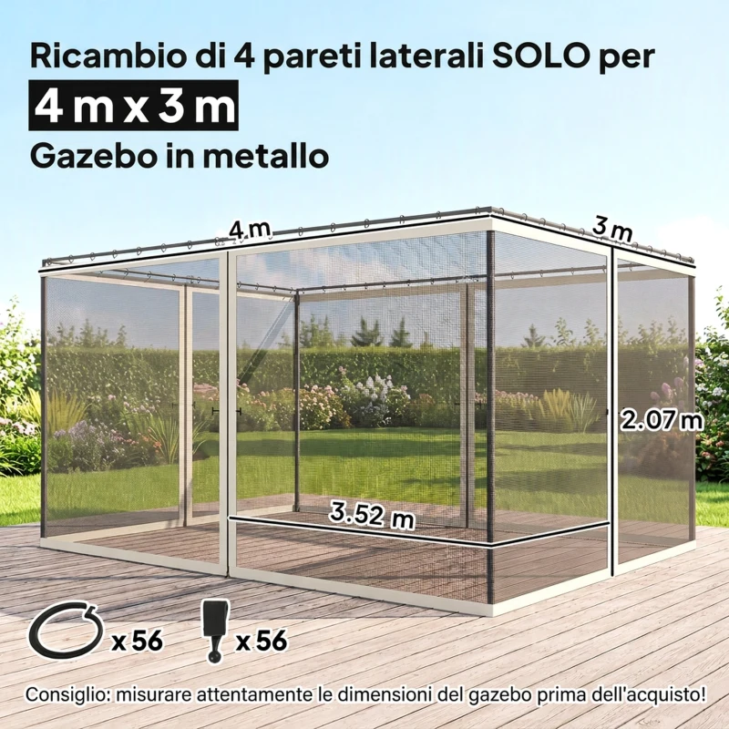 Outsunny Zanzariera per Gazebo Tende di Ricambio Universale con Cerniere, 352x207cm - Nero e Beige