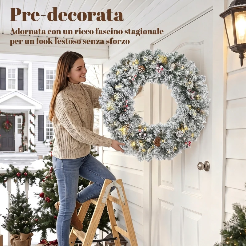 HOMCOM Ghirlanda Natalizia Innevata da 60 cm con Luci LED, Fiocco Scozzese, Rami, Pigne, Bacche, Verde
