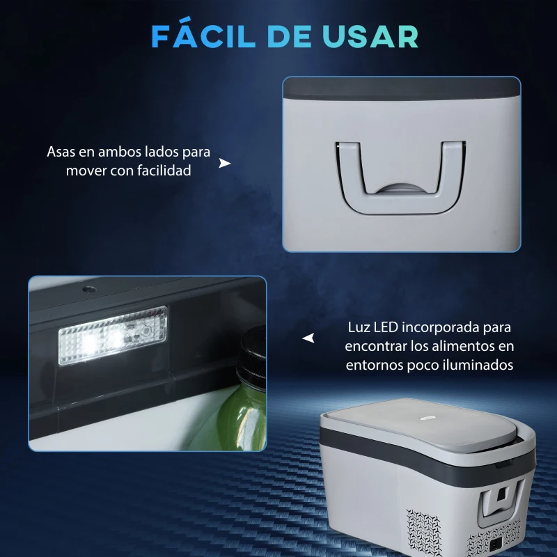 HOMCOM Nevera Portátil Compresor Mini Frigorífico 24L 12V/24V CC de 20℃ a -18℃ con Pantalla LED Táctil y Luz Eléctrica Refrigerador de Coche para Hogar Camping Viajes Automóvil 58x36,4x34,5 cm Gris