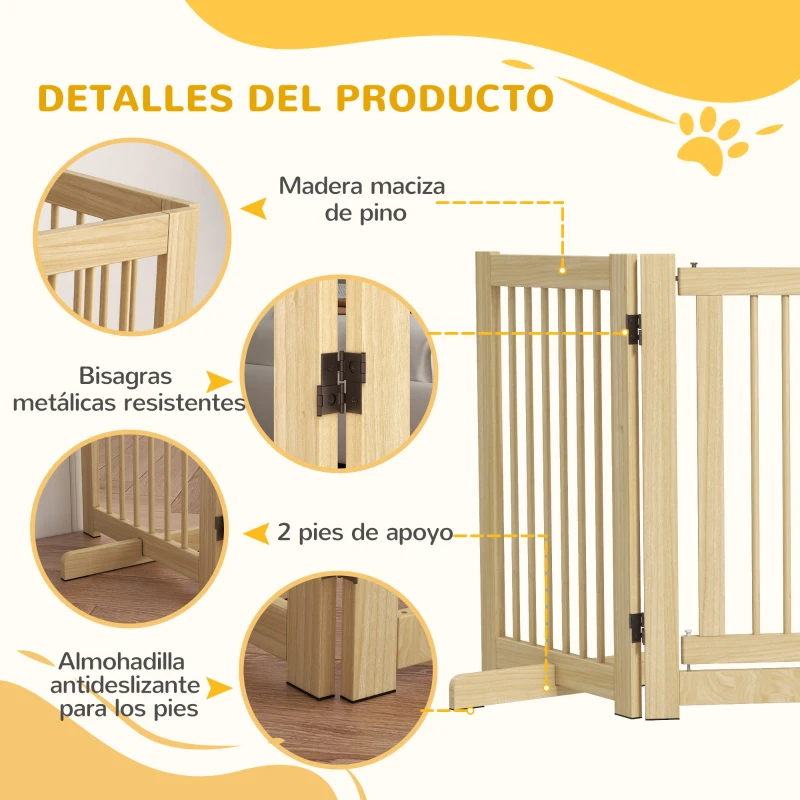PawHut Barrera de Seguridad para Perros Plegable de Madera para Escaleras y Puertas con Soporte de Pie 204x36x75 cm Natural