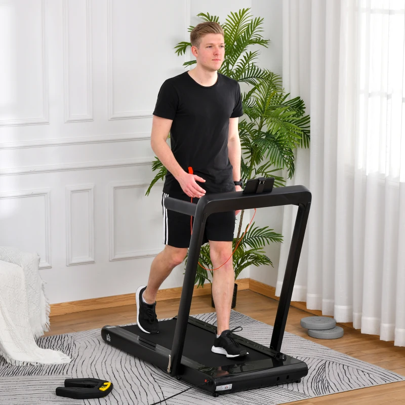 HOMCOM Cinta de Correr y Andar Eléctrica 2 en 1 Plegable 1-12km/h Caminar 1-4km/h con Control Remoto Pantalla LED Dual Bluetooth y Superficie de Carrera para Gimnasio Casa 134x66x107 cm Negro