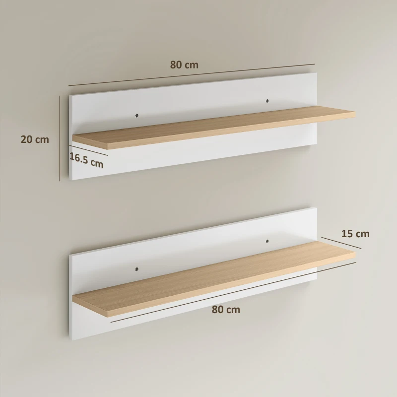 HOMCOM Set 2 rafturi de perete pentru casă și birou din lemn, 80x16.5x20 cm, alb și culoare lemn