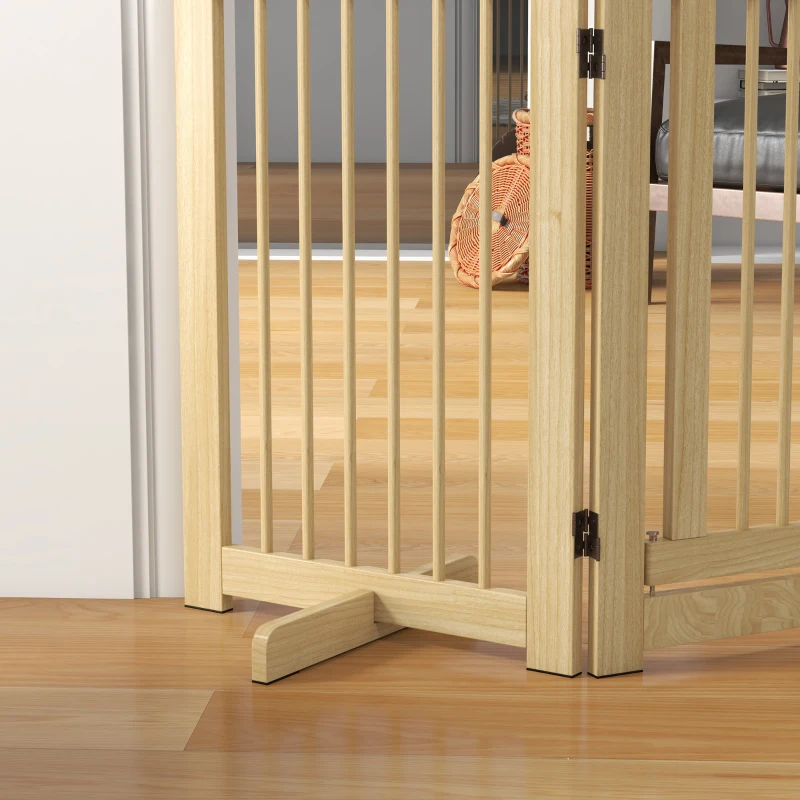 PawHut Barrera de Seguridad para Perros Plegable de Madera para Escaleras y Puertas con Soporte de Pie 204x36x75 cm Natural