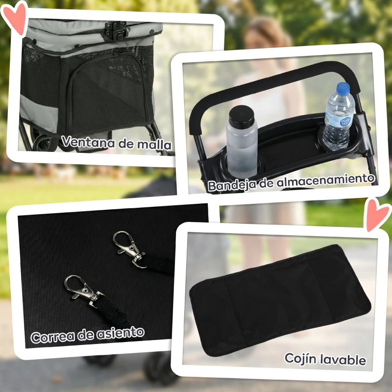 PawHut Cochecito para Perros Plegable de 4 Ruedas de EVA Giratorio y Freno Ventanas de Malla Cojín Lavable Portavasos Gris