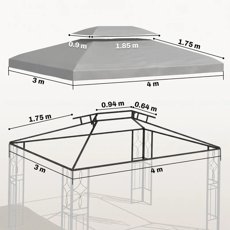 Outsunny Gazebo Roof Replacement, for 3 x 4m Frames - Light Grey