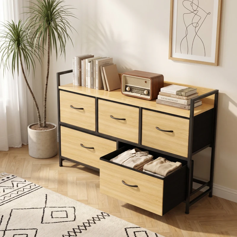 HOMCOM Commode, meuble de rangement avec 5 tiroirs en tissu pliables, plateau et cadre en acier, 98 x 29 x 63 cm, chêne