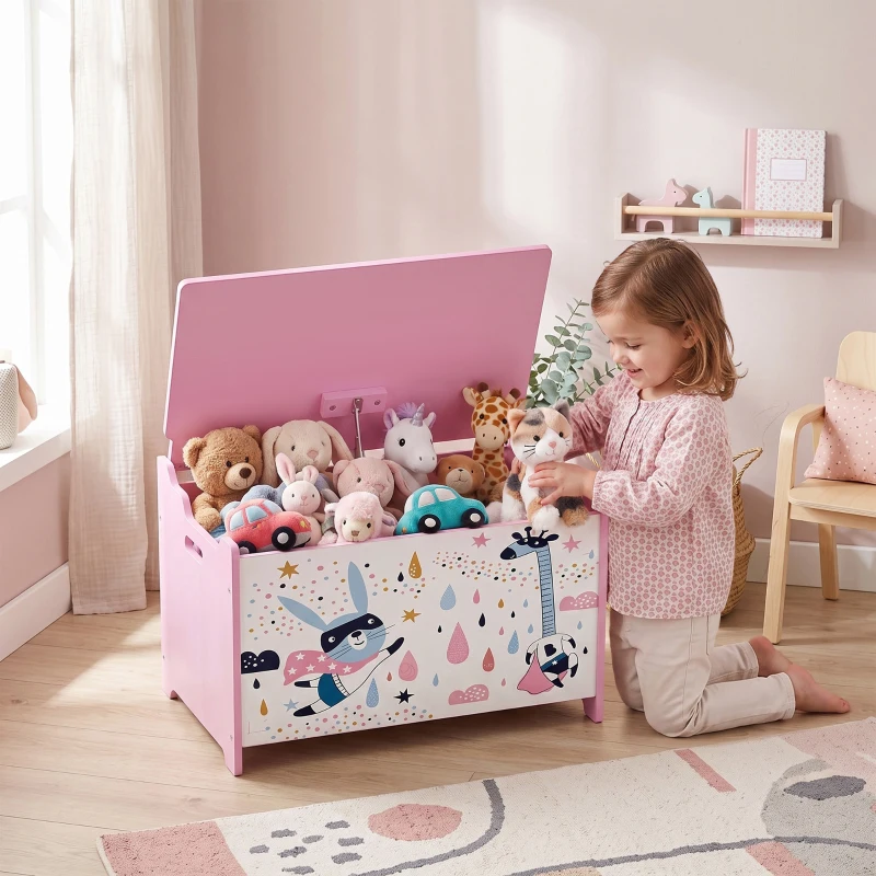 AIYAPLAY Storage Chest, Wooden Toy Chest with Lid, Flip-Top, Security Hinges and Anti-Pinch Design for Kids, Pink