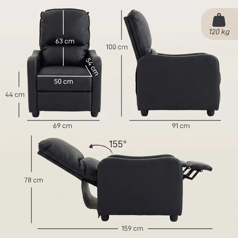 HOMCOM Poltrona Relax Reclinável Manual 155° com Apoio para os Pés, em Pele PU, para Sala e Quarto, 69x91x100cm, Preto