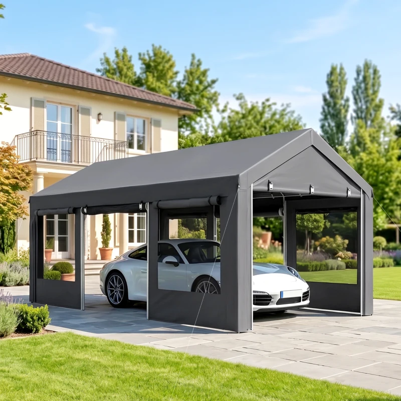 Outsunny Gazebo per Auto e Feste con Altezza Regolabile, 4 Porte e 4 Finestre, 6x3m Grigio Scuro
