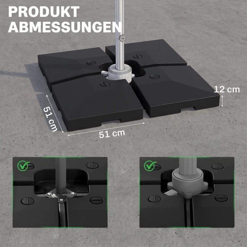 Outsunny 4 x Sonnenschirmgewicht HDPE Sonnenschirmständer befüllbar mit Sand Wasser HDPE-Kunststoff Schwarz Maße pro Element 51 x 51 x 12 cm bis zu 130 kg