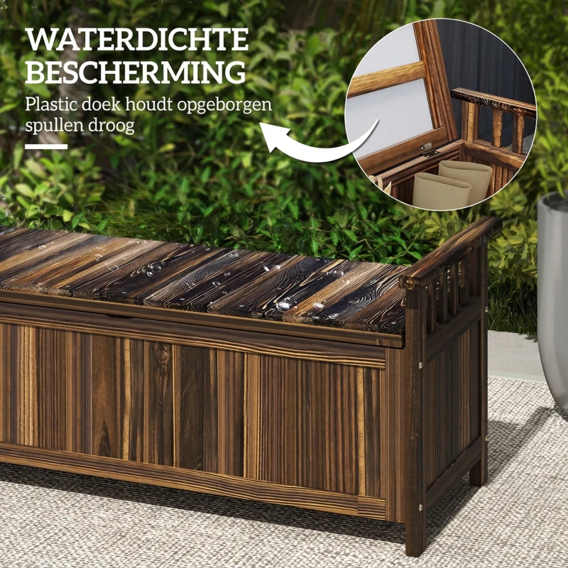 Outsunny 2-Zits Tuinbank van Hout met Weerbestendige Zitting, Tuinmeubilair met Opbergruimte en Armleuningen 128,5 x 56 x 53,5cm, Verkoold