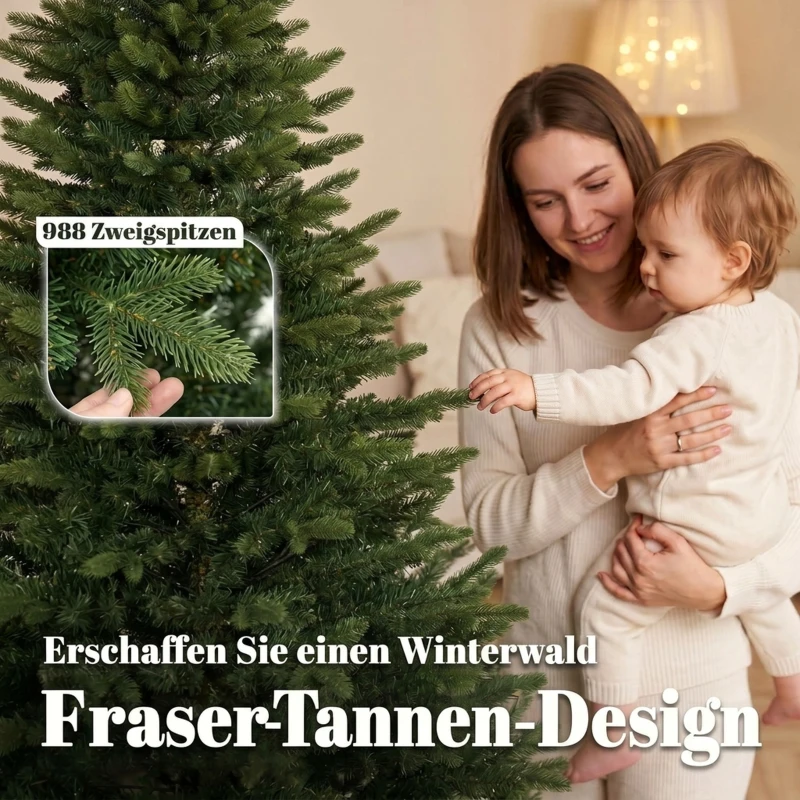 HOMCOM Kunstkerstboom 180 cm, Fraser-spar met houten standaard, 988 realistische takpunten, voor thuis en kantoor, groen