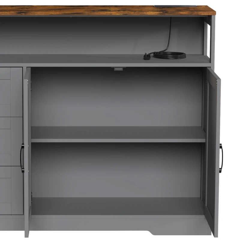 HOMCOM Sideboard Cabinet with Power Outlet, Farmhouse Kitchen Cabinet with 3 Drawers and Open Shelf, Grey