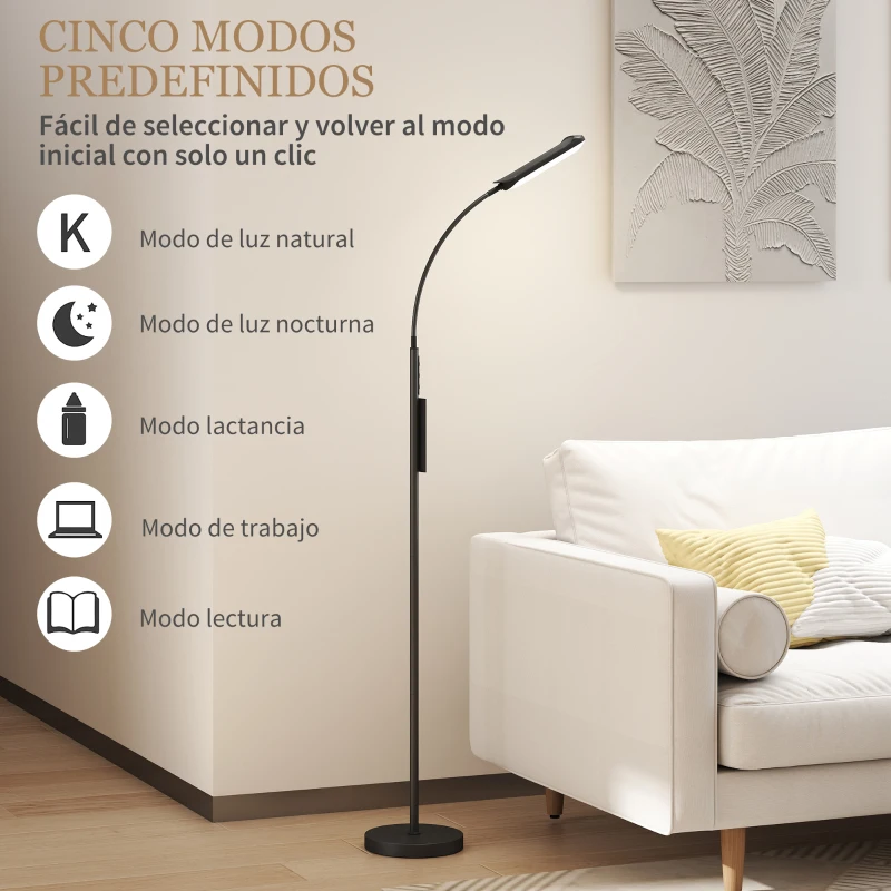 HOMCOM Lámpara de Pie LED Regulable con Temperaturas de Color Ajuste Continuo Control Remoto y Táctil Temporizador Negro