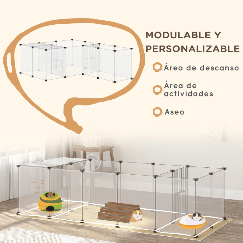 PawHut Valla para Mascotas DIY con 20 Paneles y Tapete Parque para Animales Pequeños para Cobayas y Erizos 175x70x45 cm Transparente