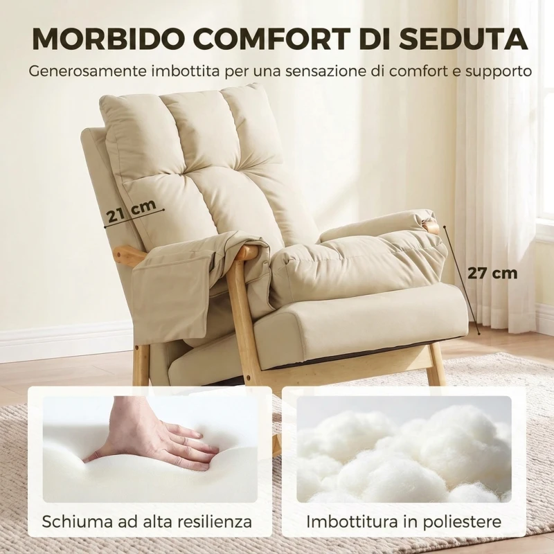 HOMCOM Sedia a Dondolo in Tessuto Imbottita, Seduta Profonda, Tasche Laterali, Gambe in Legno di Caucciù, Beige