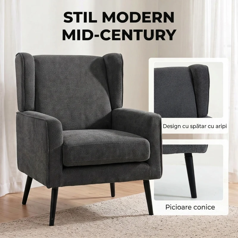 HOMCOM Fotoliu din chenille pentru dormitor, stil modern Mid-Century, cu picioare din lemn de cauciuc, gri închis