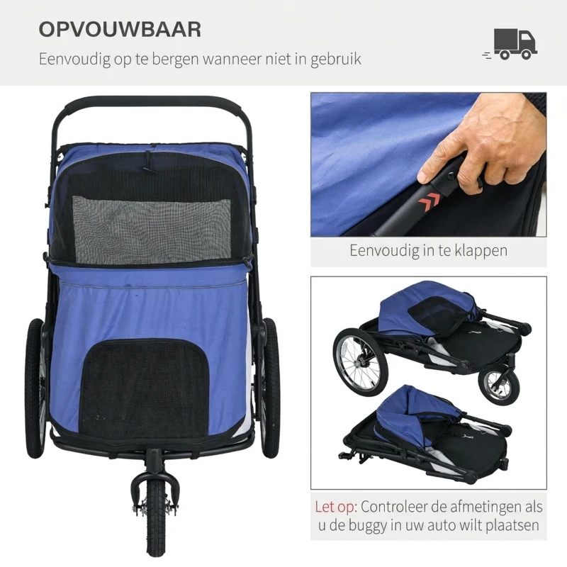PawHut Hondenbuggy, opvouwbaar, opklapbaar, ligkussen, stalen frame, Blauw/Zwart(m-7)