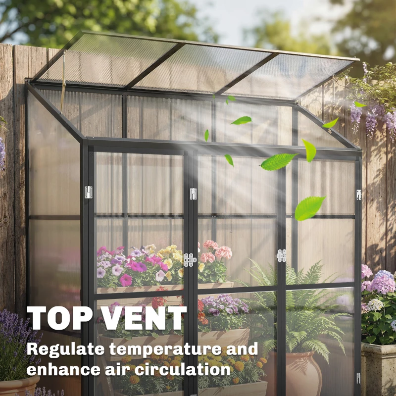 Outsunny 6 x 1.5ft Polycarbonate Greenhouse, Quick Setup, Lean-to Green House with 3 Hinged Doors, Top Vent, Black
