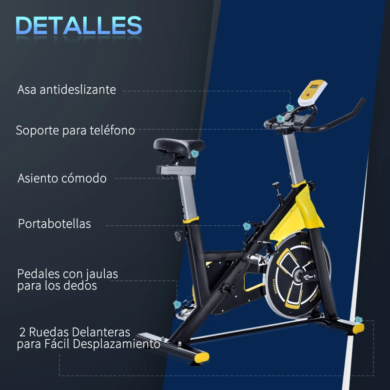 HOMCOM Bici Estática Bicicleta de Fitness con Resistencia Regulable Pantalla LCD Ruedas Manillar y Asiento Ajustable Amarillo