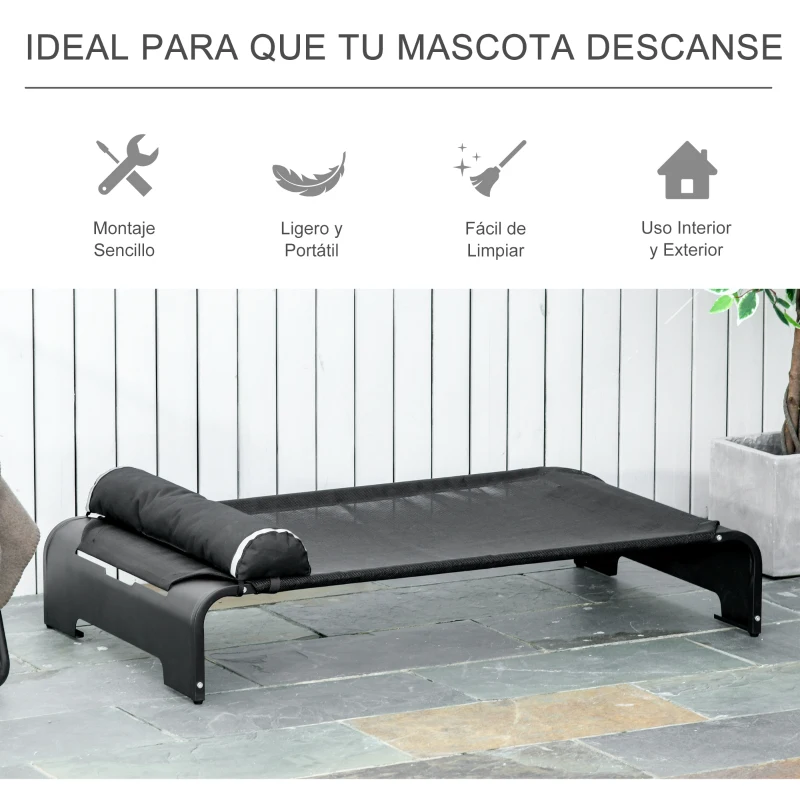 PawHut Cama Elevada para Mascotas Perros Gatos Tela Transpirable con Almohada Extraíble Exterior Interior Jardín Terraza 122x72x30 cm Negro