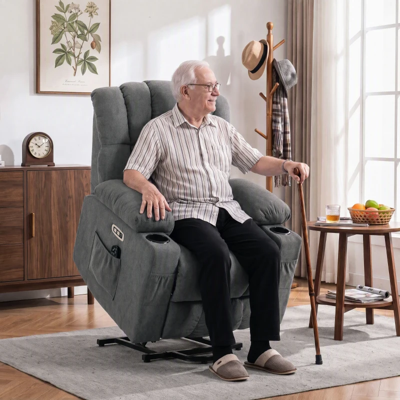 HOMCOM Sillón elevador eléctrico con masaje y calor, sillón relax para personas mayores, muelles ensacados, Gris