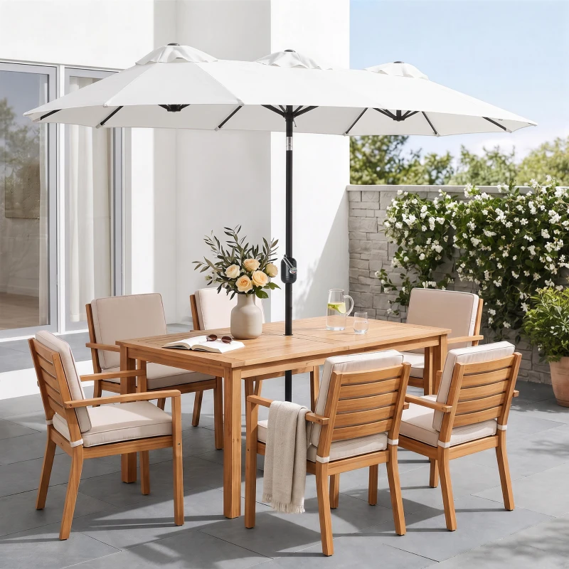 Outsunny Sonnenschirm, Gartenschirm, neigbar, mit Handkurbel, Winddach, Polyester+Stahl, Cremeweiß, 295 x 152 cm