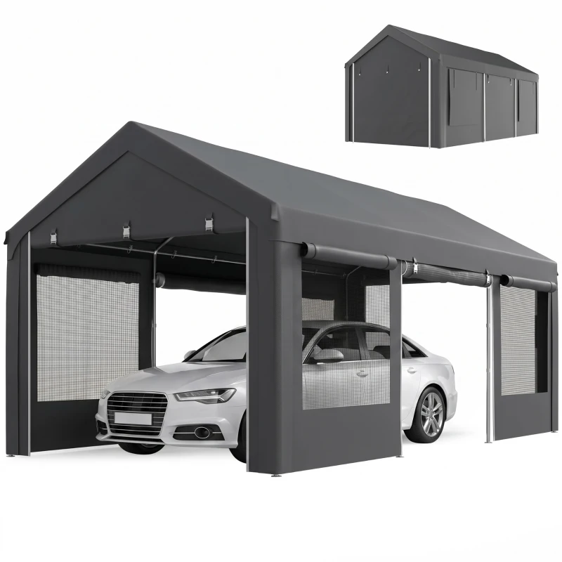 Outsunny Pavilion Auto și pentru Petreceri cu Înălțime Reglabilă, 4 Uși și 4 Fereastre, 6x3m Gri Închis