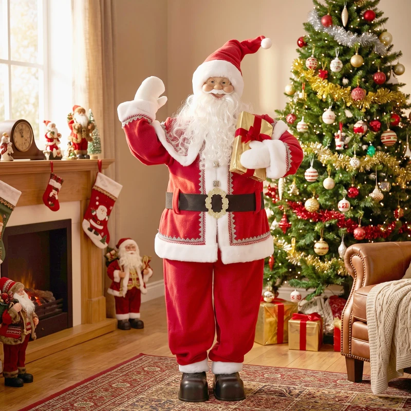 HOMCOM Lebensgroßer singender Weihnachtsmann 150 cm, animierte Musikfigur mit drehendem Kopf, winkender Hand und Geschenk