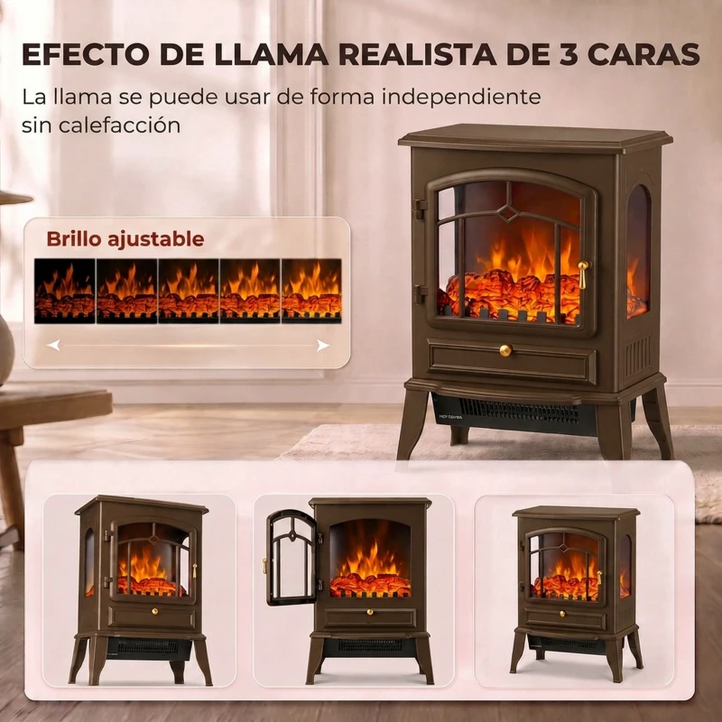 HOMCOM Chimenea Eléctrica 1000/2000 W con Efecto Llama 3 Vistas Termostato y Brillo Regulable Marrón