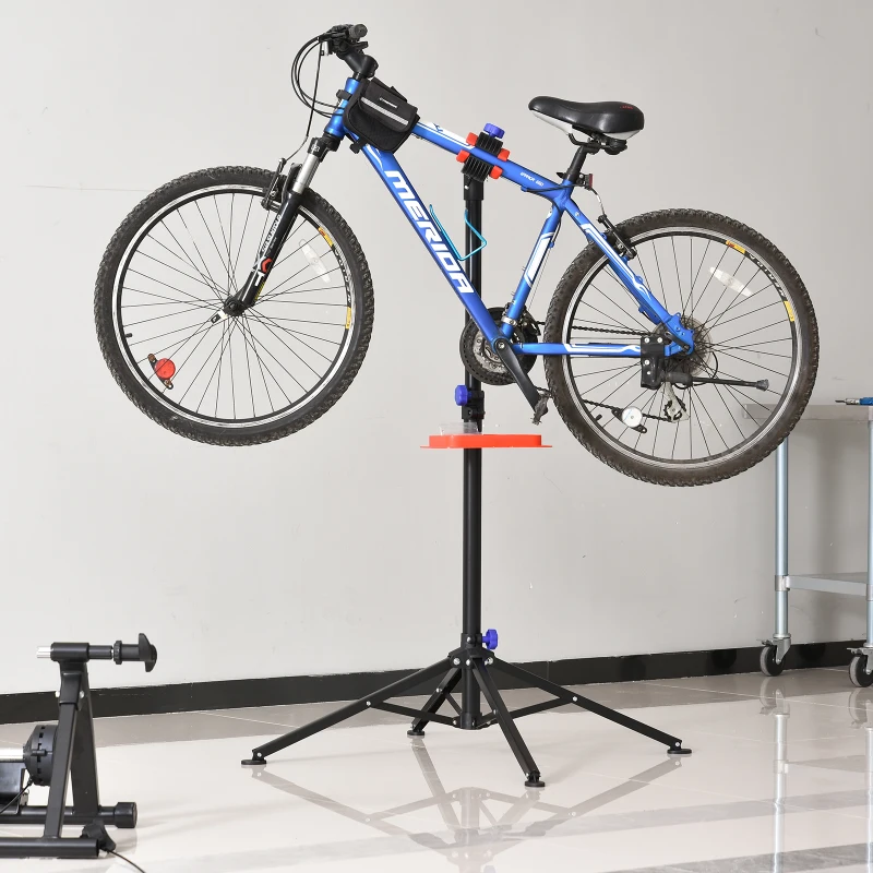 HOMCOM Soporte de reparación Portátil Caballete de Bicicleta para Hogar Altura Ajustable 110-180 cm con 4 Patas Bandeja de Herramientas Hasta 25 kg 84x84x180 Negro