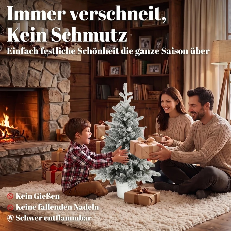 HOMCOM Mini kerstboom 90 cm met 296 takpunten, sneeuweffect en witte pot - tafelkerstboom voor thuis en kantoor, wit