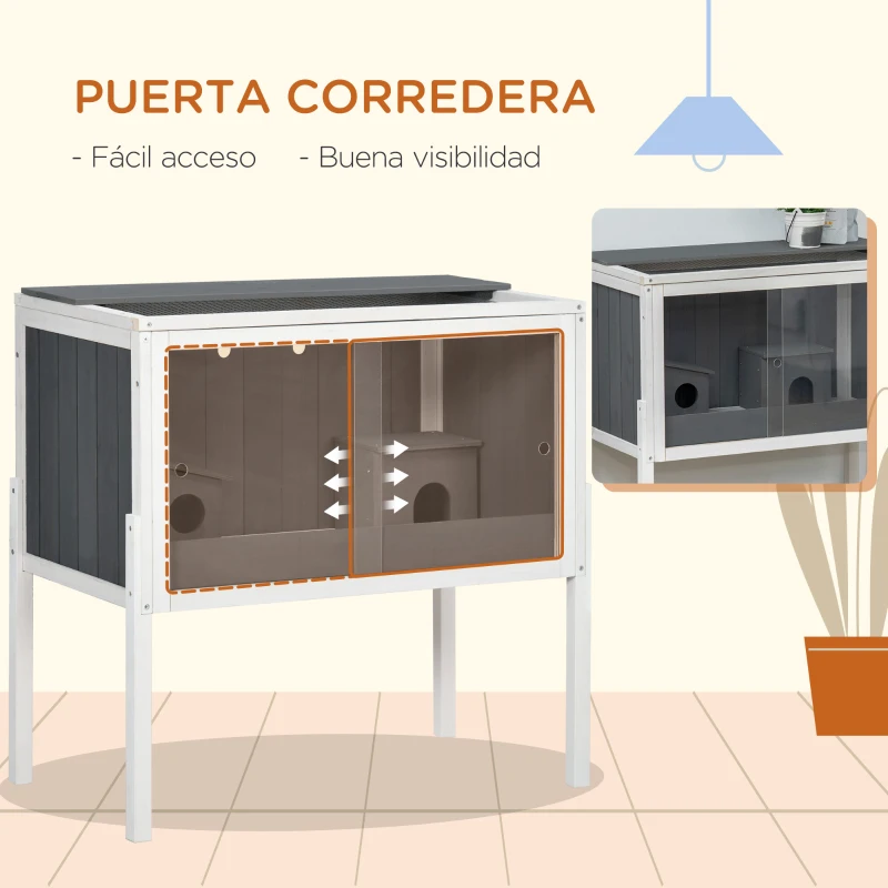 PawHut Jaula para Hámster de Madera con 2 Puertas de Acrílico 2 Casitas para Animales Pequeños 82x45x81 cm Gris Oscuro