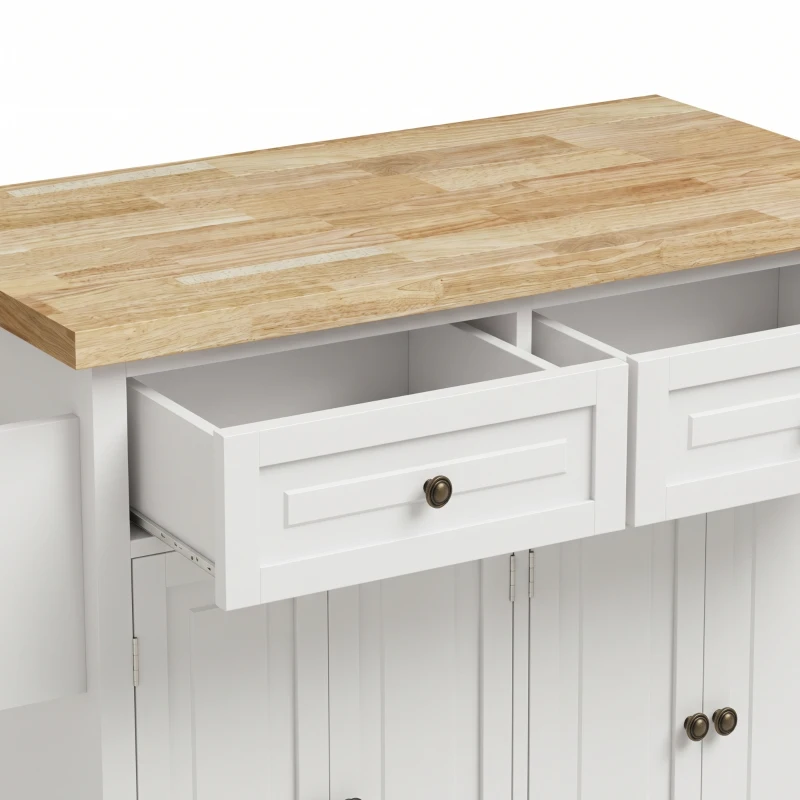 HOMCOM Kitchen Island on Wheels, Rolling Kitchen Storage Trolley with Rubber Wood Top, Drawers, Adjustable Shelves, Cream White