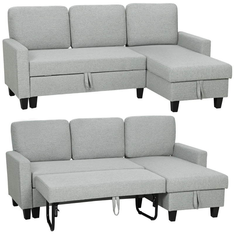 HOMCOM Canapea extensibilă cu 3 locuri, șezlong și spațiu de depozitare, material textil cu efect de in, 197x129x85 cm, gri și negru