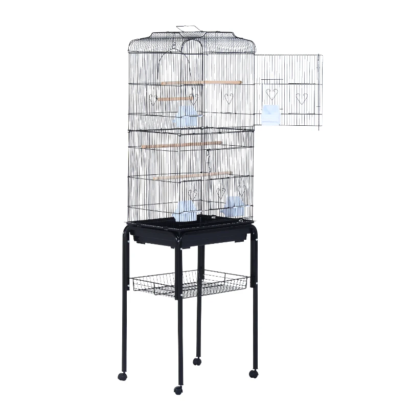 PawHut Jaula para Pájaros, Jaula Grande con Ruedas, Estante de Almacenaje, Puertas, 4 Comederos, 3 Perchas, Columpio, Bandeja Extraíble y Asa, para Loro, Canario, Periquito, 47,5x37x153 cm, Negro