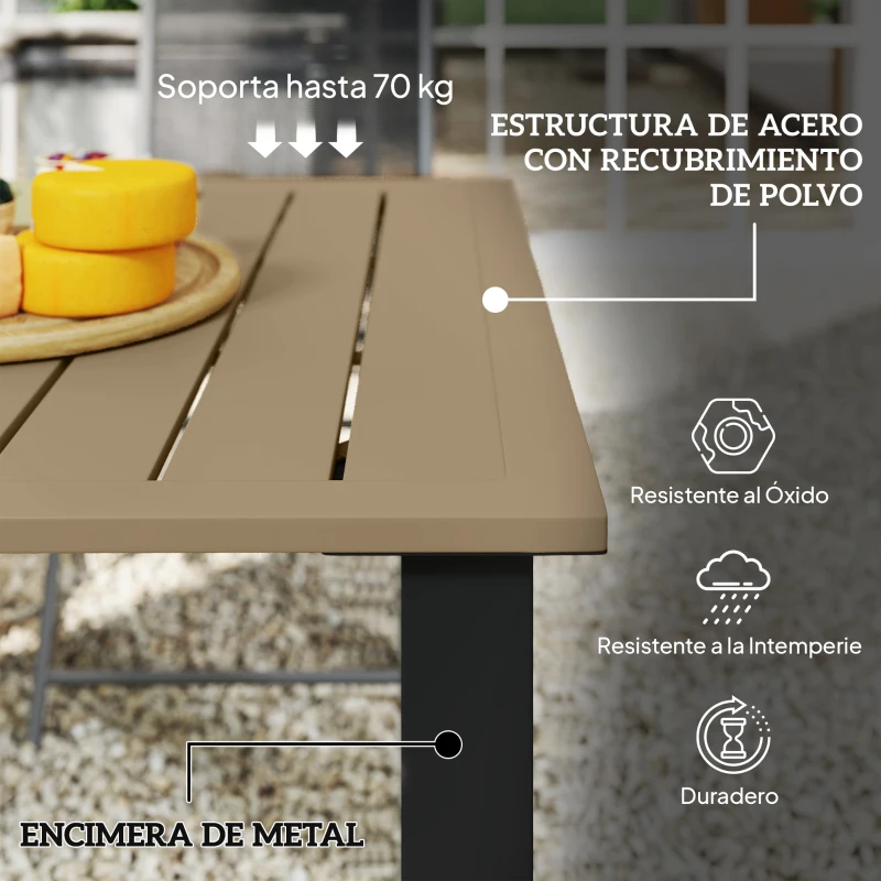 Outsunny Mesa de Jardín Rectangular de Acero 150x90x73 cm para 6 Personas con Orificio para Sombrilla Diseño con Lamas Marrón
