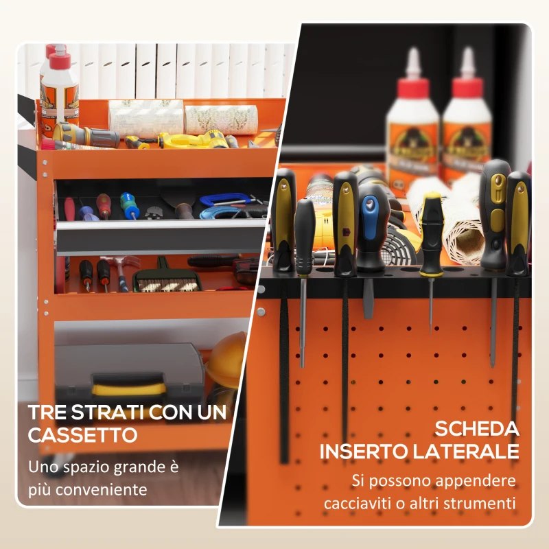 DURHAND Carrello Porta Attrezzi con Manico Laterale, Cassetto e 3 Ripiani in Acciaio, 82x35x76 cm, Arancione
