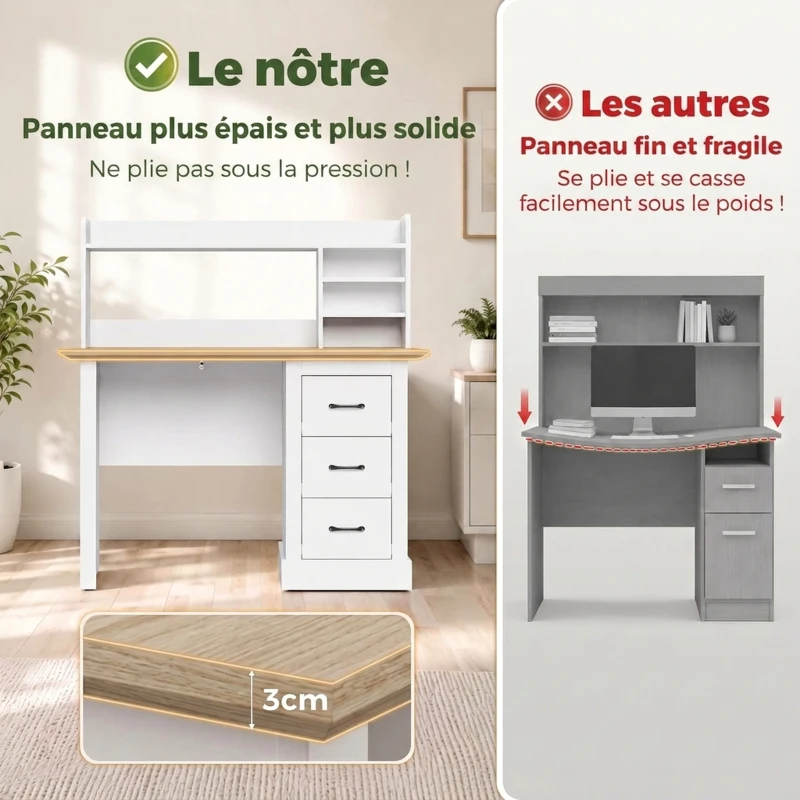 HOMCOM Bureau Informatique avec 3 Tiroirs, 120x55cm, Bureau avec Rangement, Étagères Ouvertes et Large Plateau, Chêne et Blanc