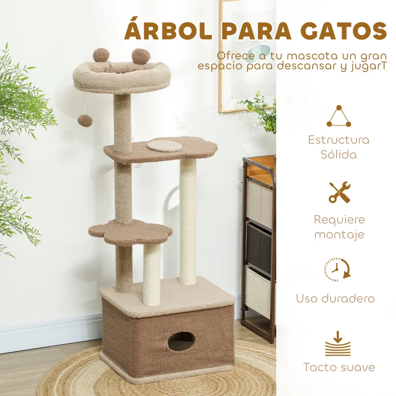 PawHut Árbol Rascador para Gatos Altura 133 cm Torre para Gatos con Nido Plataformas Bola Colgante y Poste de Yute Café