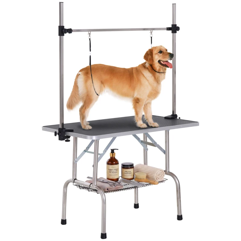 PawHut Hundepflegetisch Höhenverstellbar Tierpflegetisch Klappbar Hunde Pflegetisch Hundefriseur Tisch Schertisch Trimmtisch mit Unterkorb für Hunde Katzen bis zu 100 kg Schwarz