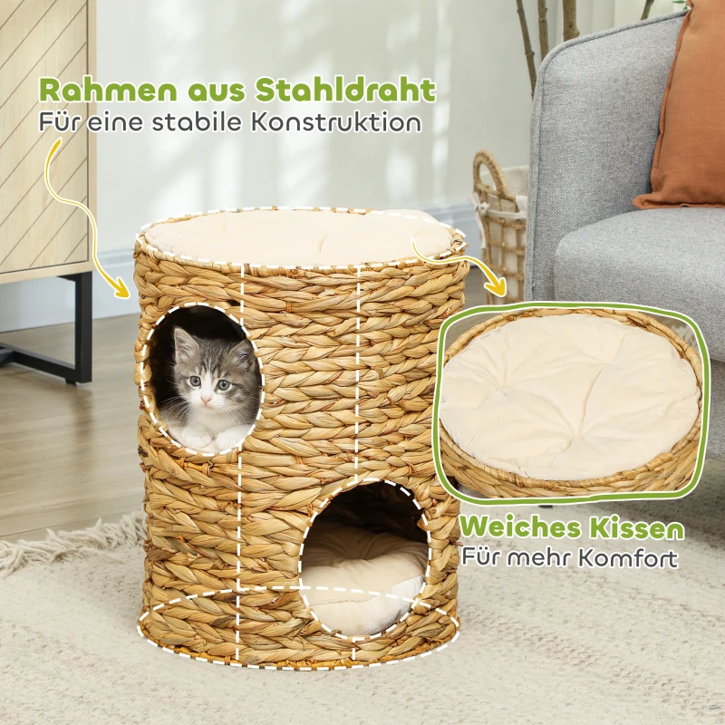 PawHut Krabton, 50 cm, 2 Grotten, Kussen, Krabpaal met Kattenbed, Kattentoren van Waterhyacint, Lichtbruin