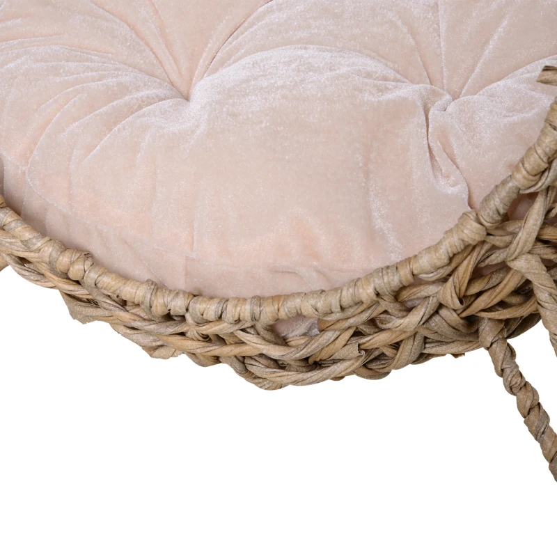 PawHut Cama Cueva de Ratán para Gatos o Mascotas Pequeña con Base Trípode Cojín de Felpa y Algodón Suave Diseño Elevado Estable Φ52x58 cm Madera Natural