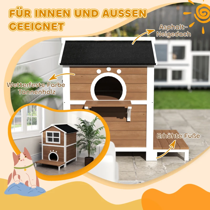 PawHut Buitenkattenhuis met Weerbestendig Dak, Venster, Balkon, 2 Niveaus, Verwijderbare Bodem, voor 1-2 Katten, Bruin