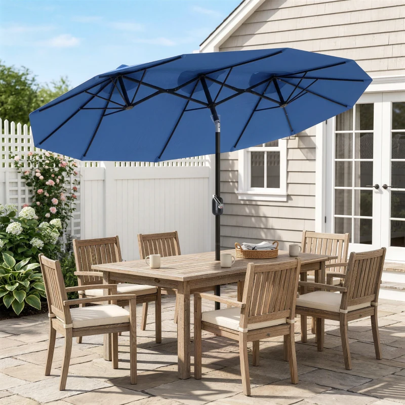 Outsunny Sonnenschirm, Gartenschirm, neigbar, mit Handkurbel, Winddach, Polyester+Stahl, Marineblau, 285 x 147 cm
